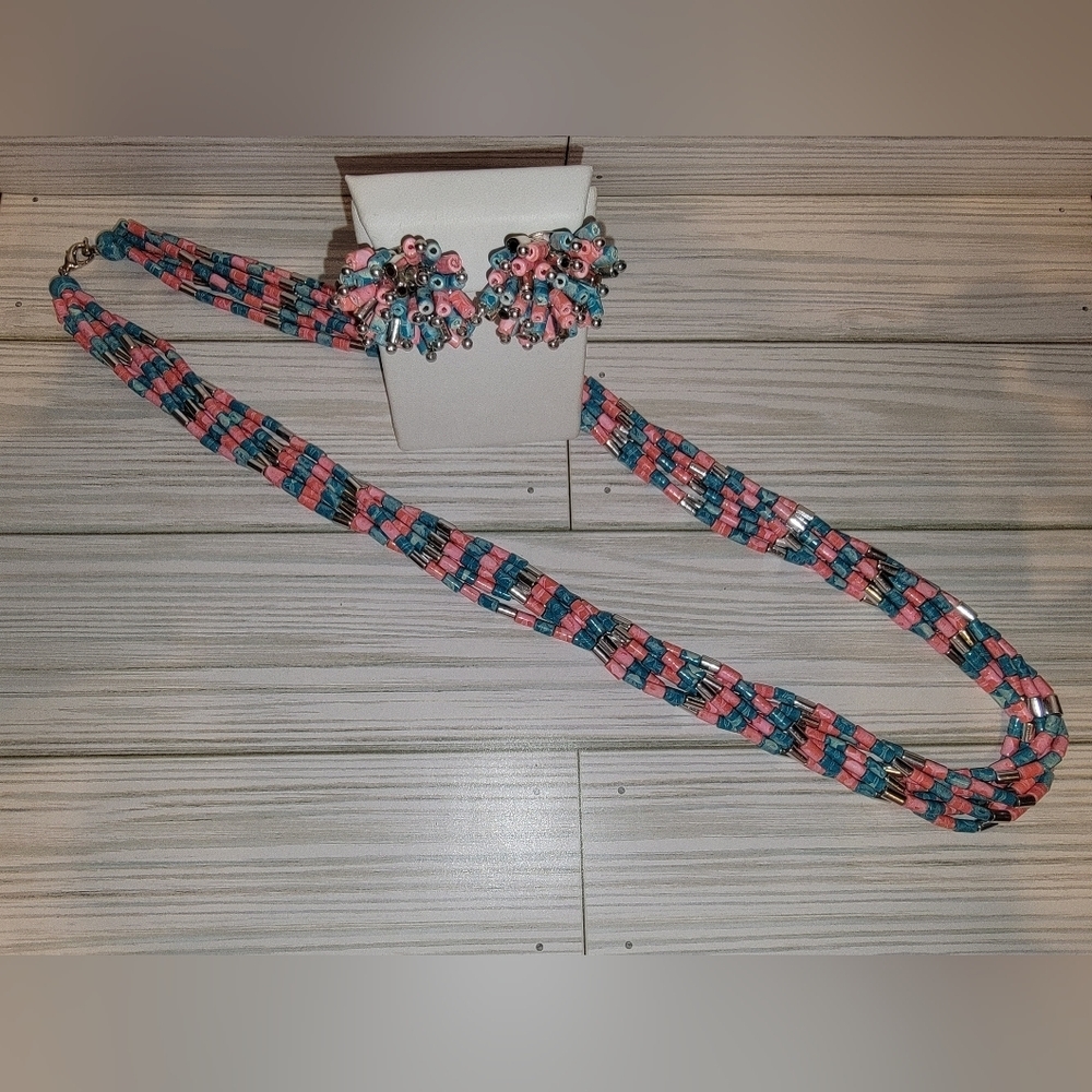 Pink Blue 7 Strand Beaded Necklace & Pierced Statement Earrings Set 30”